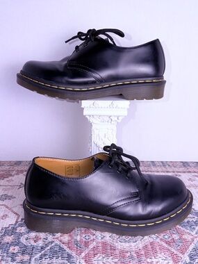 Dr.Martens 1461 3 Classic Black Leather Lace-Up Shoes with Yellow Stitching